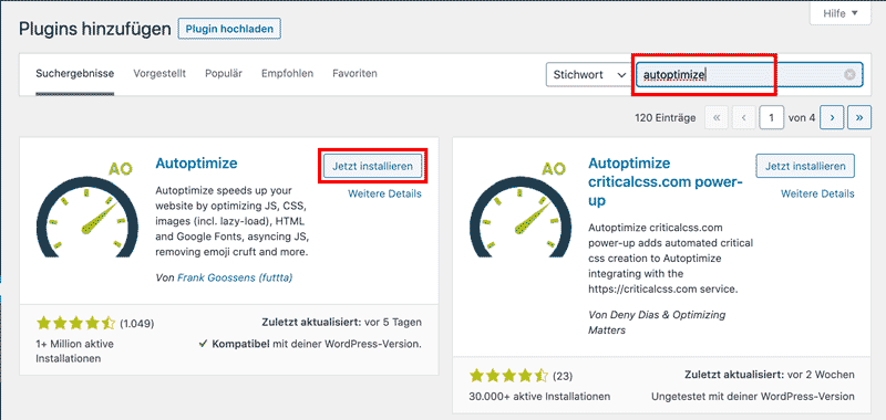 Autoptimized installieren und aktivieren